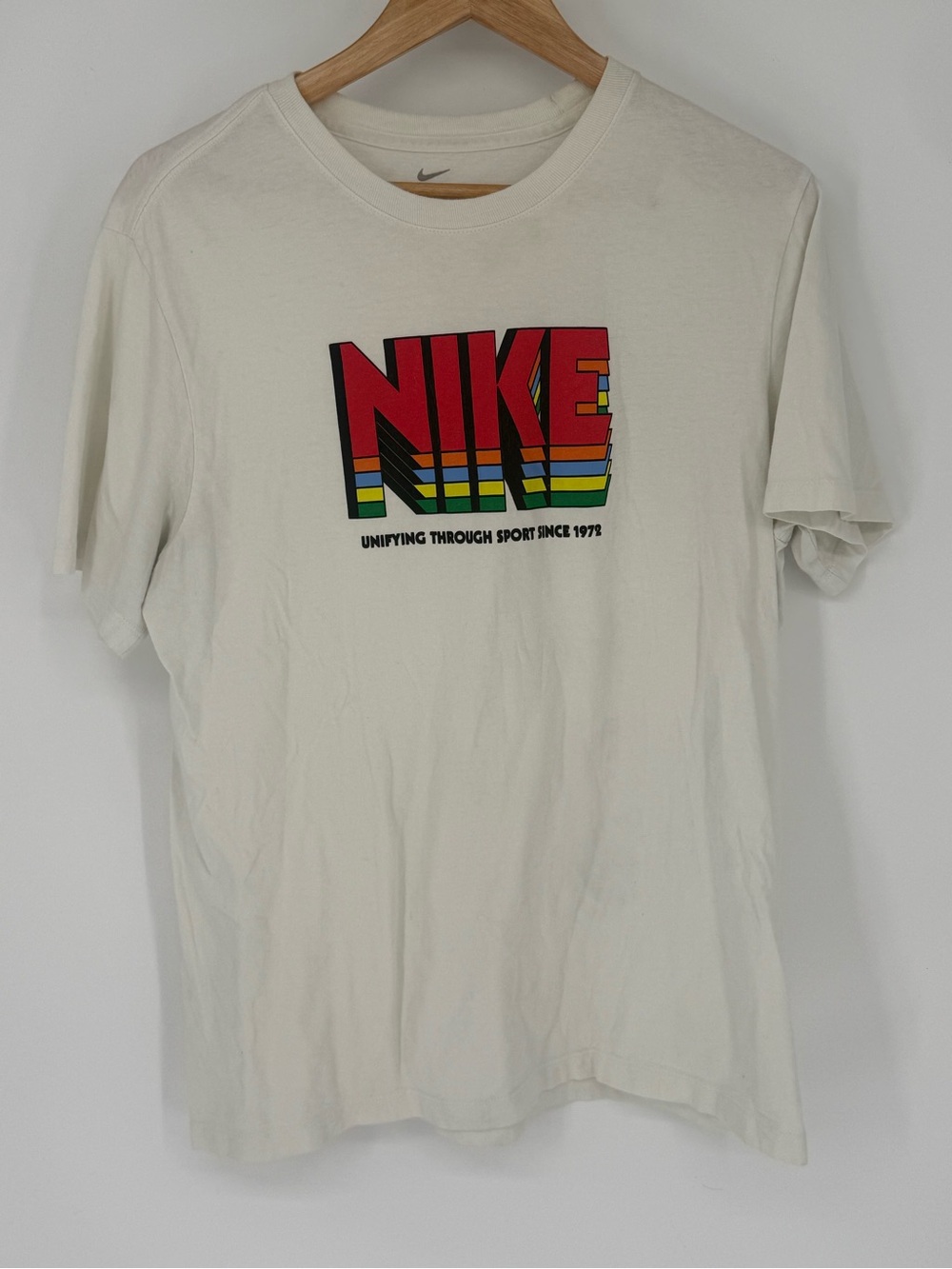 Nike Men’s Cream Tee with Red Multicolor Logo